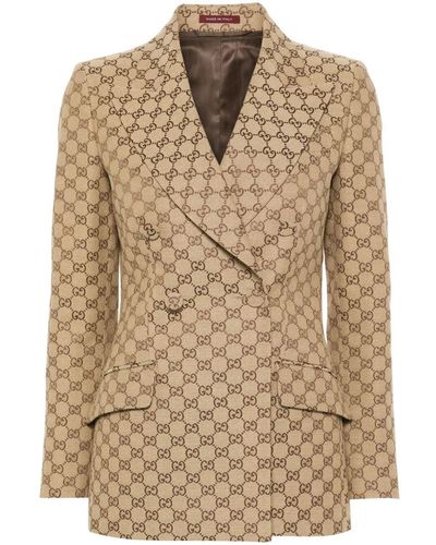 Gucci Double-breasted Blazer With Monogram, - Natural