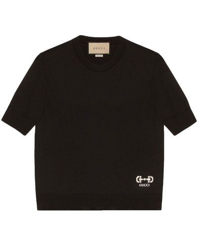 Gucci Knit Crew-Neck Short Sleeve Sweater With `Horsebit` Intarsia - Black