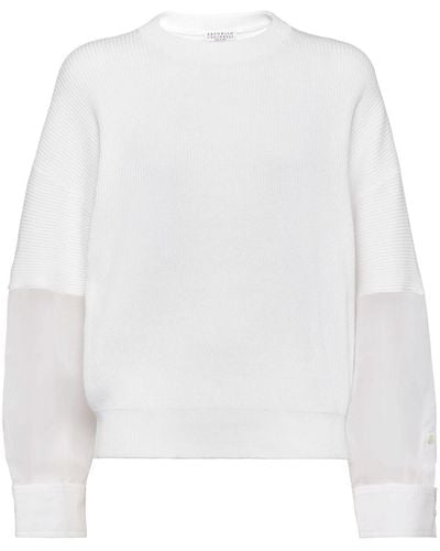 Brunello Cucinelli English Rib Knit Sweater With Organza Sleeves - White