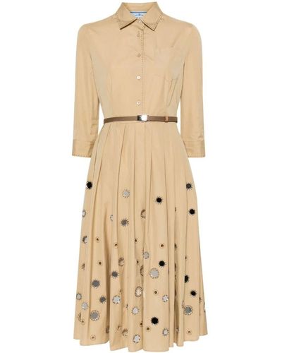 Prada Mirror Embellished Belted Midi Shirt Dress - Natural