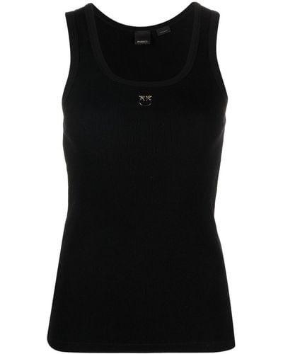 Pinko Black Ribbed Tank Top With Front Logo Embroidery In Stretch Cotton Woman