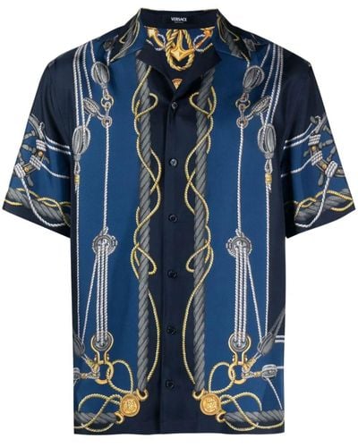 Versace Short-sleeve Brand-print Regular-fit Silk Shirt - Blue