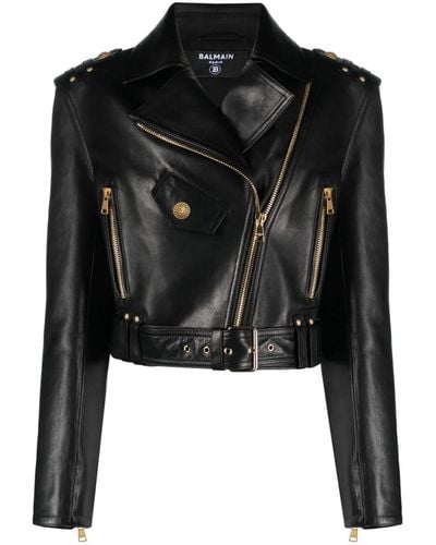 Balmain Cropped Belted Leather Biker Jacket - Black