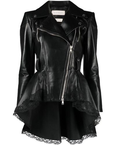 Alexander McQueen Lace-trim Peplum Leather Jacket - Black