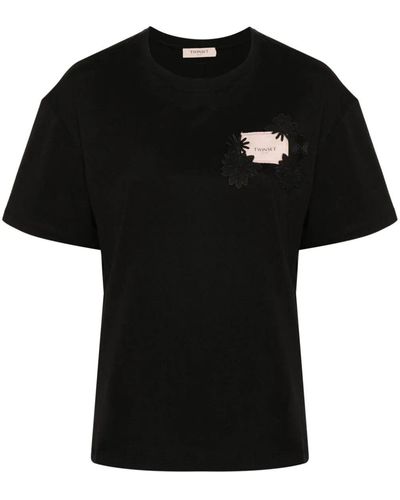 Twin Set `Oval T Floreal` Embroidery T-Shirt - Black