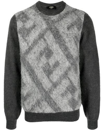 Fendi `macro Ff` Crew-neck Sweater - Gray