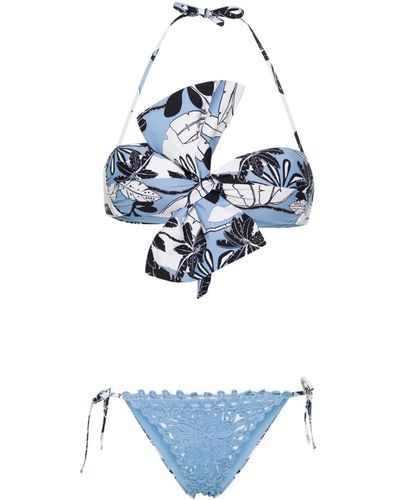 Twin Set Exotic Print And Crochet Details Bikini - Blue