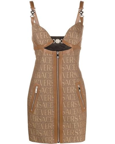 Versace Monogram Mini Dress With Leather Trims - Brown
