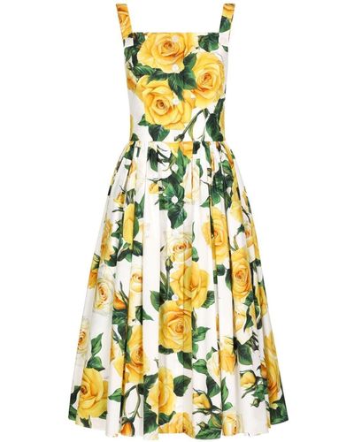 Dolce & Gabbana Pleated Button-embellished Floral-print Cotton-poplin Midi Dress - Yellow