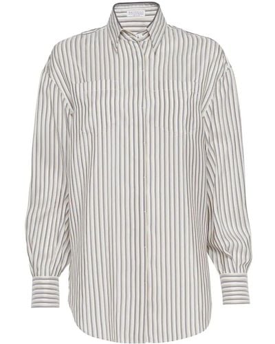 Brunello Cucinelli Stripe-Print Silk Shirt - White