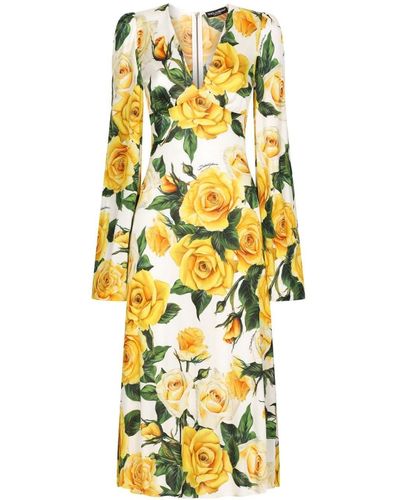 Dolce & Gabbana Flower Print Midi Dress - Metallic