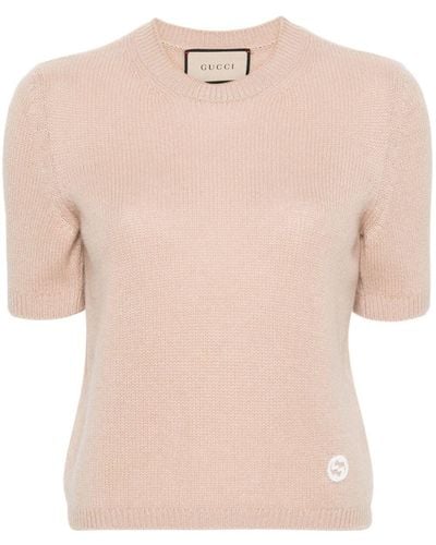 Gucci Knit Crew-Neck Short Sleeve Sweater - Natural