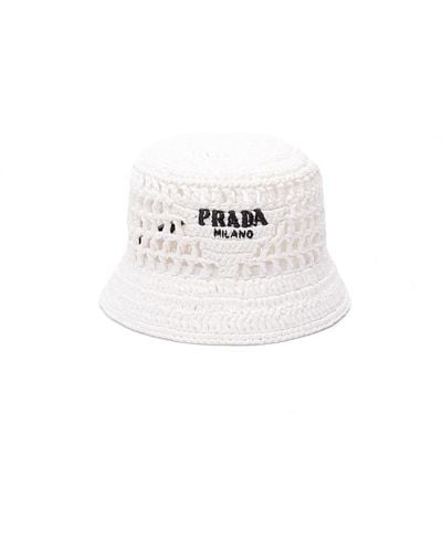 Prada Logo Raffia Bucket Hat - White
