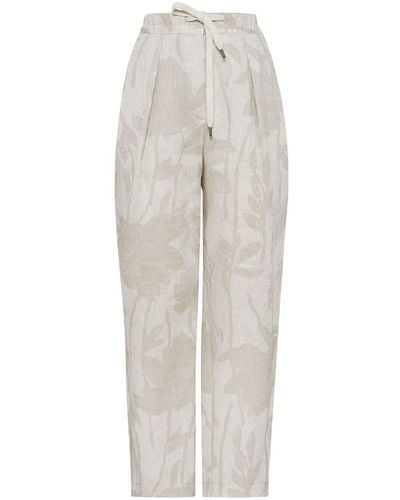 Brunello Cucinelli Floral-jacquard Linen Tapered Pants - White