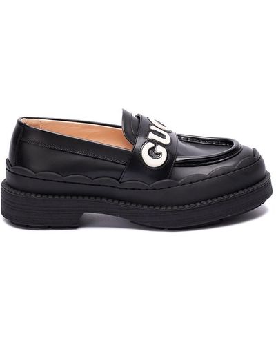 Gucci Logo Leather Loafers - Black