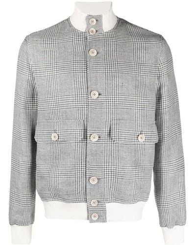 Brunello Cucinelli Houndstooth Linen Blend Shirt Jacket - Gray