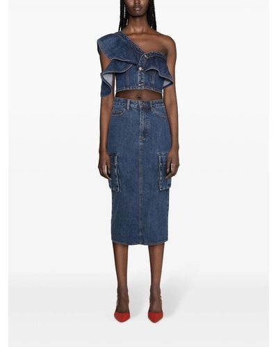 Self-Portrait Denim Cargo Midi Skirt - Blu