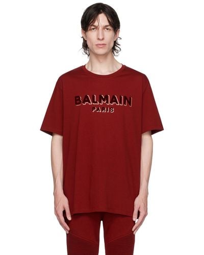Balmain レッド フロックロゴ Tシャツ
