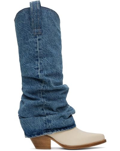 R13 Blue & White Mid Cowboy Denim Sleeve Boots