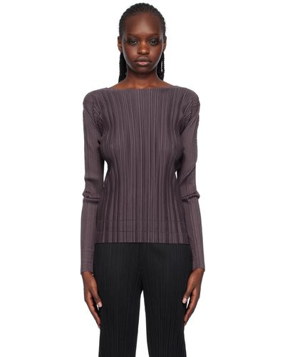 Pleats Please Issey Miyake T-shirt à manches longues mauve à plissures - Noir