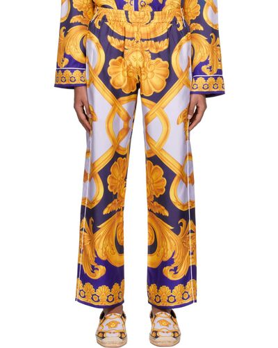 Versace Pantalon de pyjama 660 bleu et jaune à motif baroque - Orange