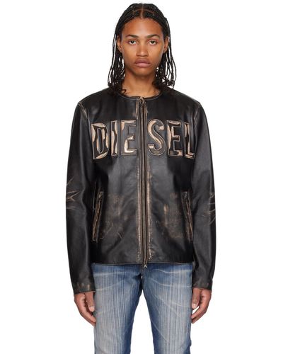 DIESEL Veste en cuir effet vieilli avec logo en métal - Noir