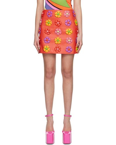 Moschino Red All-over Flowers Leather Miniskirt
