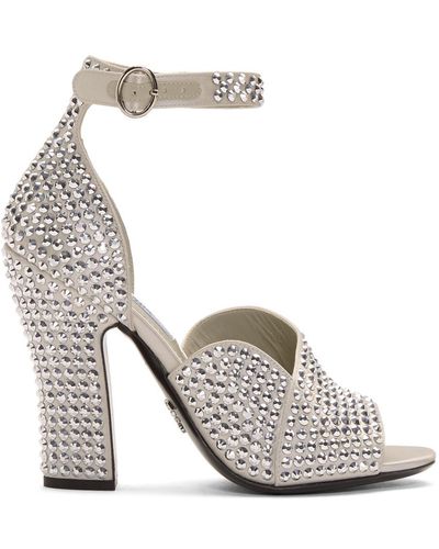 Prada Silver Crystal Embellished Strappy Heeled Sandals - Metallic