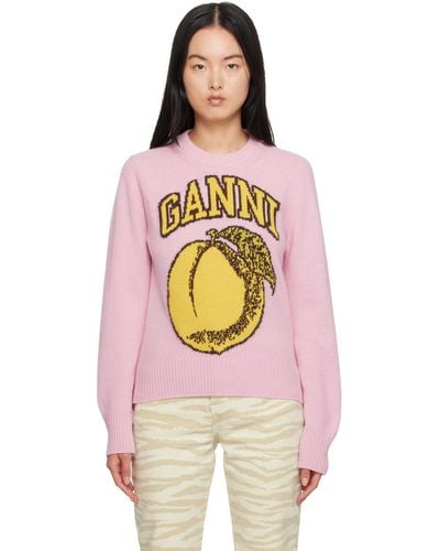 Ganni Pull rose à logo et image en tricot jacquard