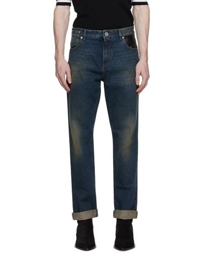 Balmain Leather Pocket Jeans - Blue