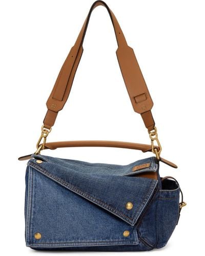 Loewe Tan And Blue Medium Denim Puzzle Pockets Bag