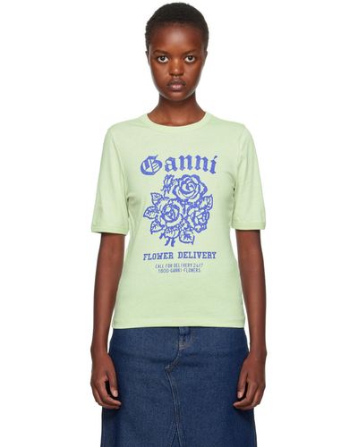 Ganni T-shirt vert à image à logo imprimée - Bleu