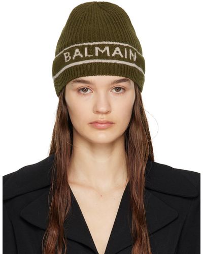 Balmain Bonnet vert à logo en tricot jacquard - Noir