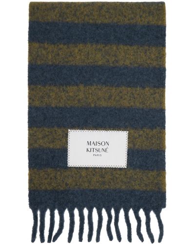 Maison Kitsuné Navy & Green Striped Scarf - Gray
