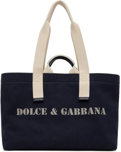 Dolce & Gabbana ネイビー ドリル ロゴプリント ホールドオール トートバッグ - ブルー