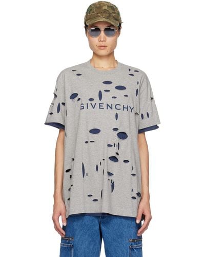 Givenchy グレー&ネイビー デストロイド Tシャツ - ブラック
