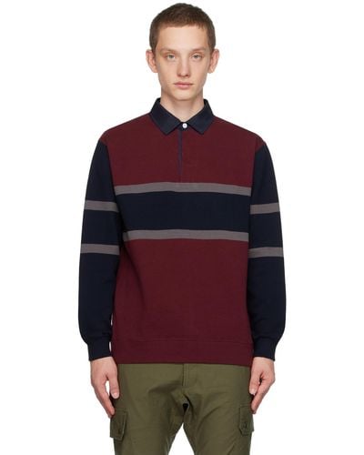Beams Plus Burgundy Striped Polo - Red
