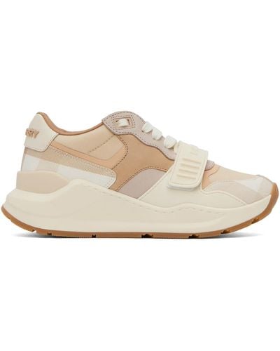 Burberry Leather, Nylon And Check Sneakers - Natural