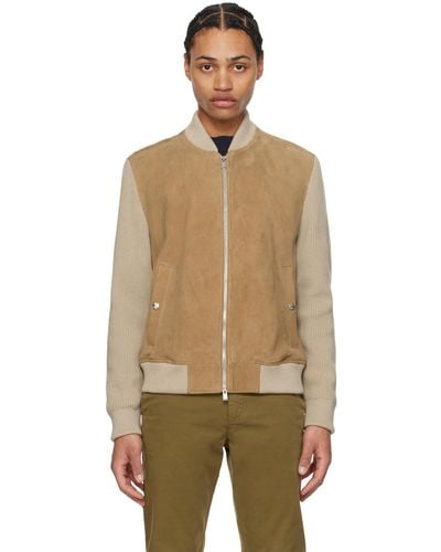 BOSS Panelled Leather Bomber Jacket - Natural