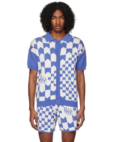 Rhude Polo bleu et blanc à motif graphique en tricot jacquard