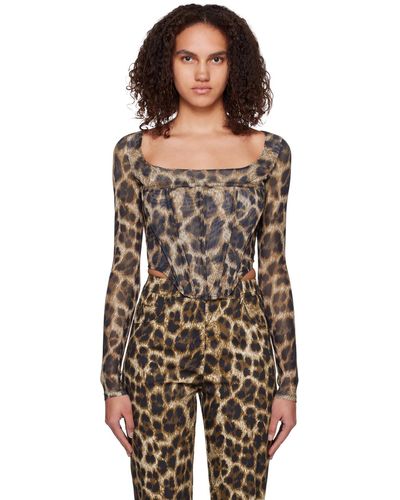 Miaou Corset à manches longues maude brun à motif léopard - Noir