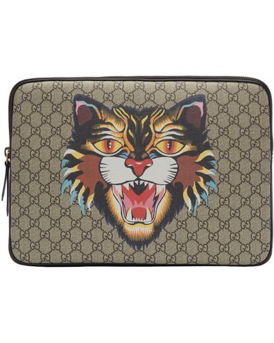 Gucci Beige Gg Supreme Angry Cat Laptop Case - Natural