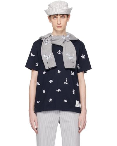 Thom Browne Navy Embroidered T-shirt - Blue