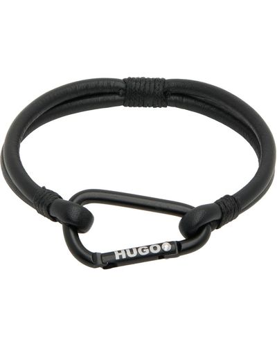 HUGO Black Leather Branded Carabiner Bracelet