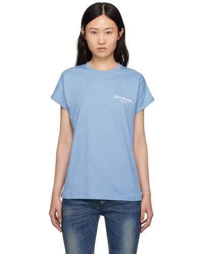 Balmain ブルー フロックロゴ Tシャツ