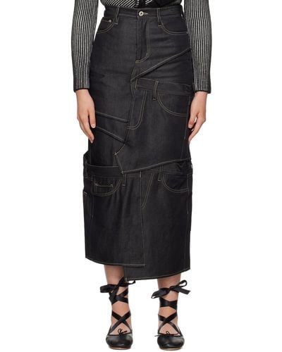Feng Chen Wang Paneled Denim Midi Skirt - Black