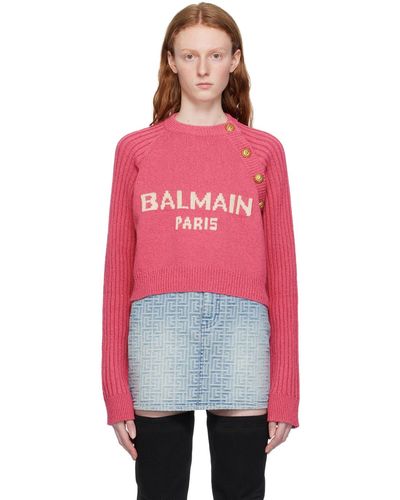 Balmain Pull rose à logo en tricot jacquard - Rouge