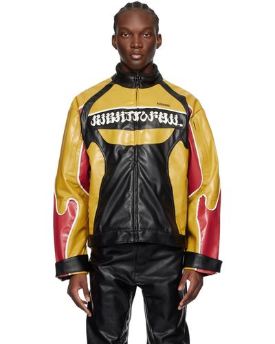 Kusikohc Blouson motard noir et jaune en cuir synthétique - Multicolore