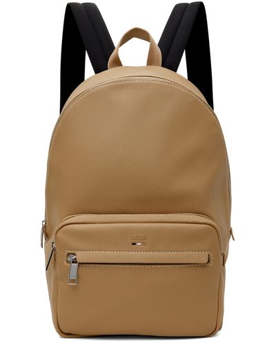 BOSS Beige Faux-leather Logo & Signature Stripe Backpack - Brown