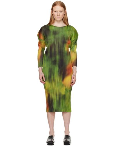 Pleats Please Issey Miyake Green Printed Maxi Dress - Multicolor
